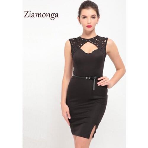 Ziamonga Summer Elegant Women Business Dress O-Neck Sexy Split Black OL Office Work Tunic Bodycon Dress Sexy Casual Pencil Dress