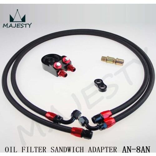 AN-8 OIL COOLER FILTER SANDWICH ADAPTER + 8AN NYLON STEEL OIL LINE 1.4m / 1.6m BLACK