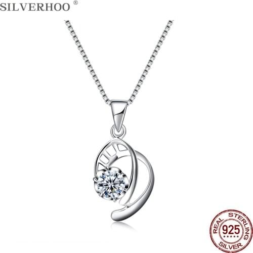 SILVERHOO 925 Sterling Silver Irregular Line Pendant Necklaces Women Round CZ Chain Choker Necklace Elegant Female Fine Jewelry