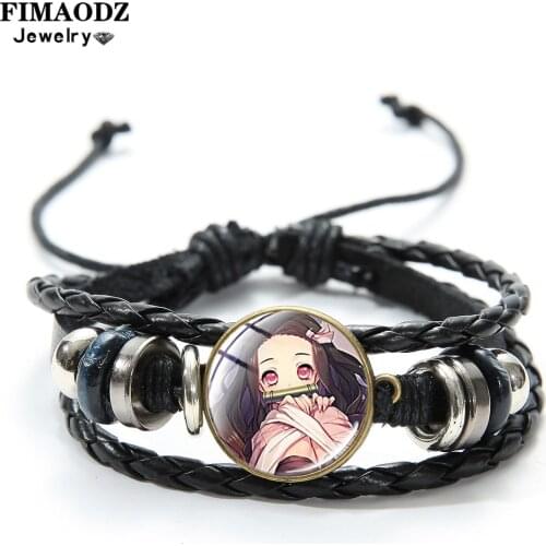 FIMAODZ Demon Slayer Figure Leather Bracelet Kimetsu No Yaiba Cartoon Cosplay Anime Picture Glass Button Bracelets Jewelry Gift