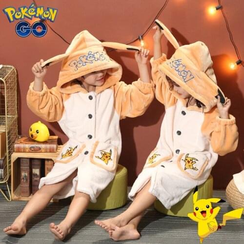 Pokemon Pikachu Anime Bathrobe Childrens Robes Winter Warm Coral Fleece Nightdress Sleepwear Boy Girl Pajamas Home Bath Towels