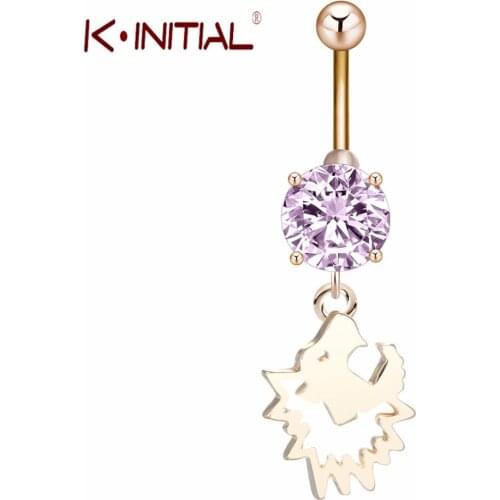 Kinitial Animal Lion Pendant Navel Piercings Belly Rings Pink Zircon Rings Stainless Steel Button Ring Women Girls
