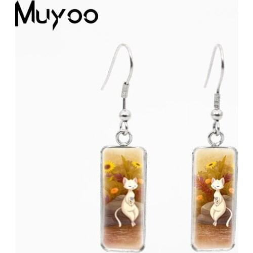 Cat with Flowers Paintings Glass Cabochon Fish Hook Earrings Vintage Lovely Kittens Painting Rectangle Hook Earrings