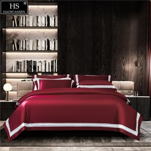 Pretty Wine Red Water Soluble Lace Design Pure Cotton Fabric 4 Pieces Bedding Sets Nordic Style Duvet Cover Pillowcase Bed Sheet