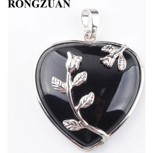RONGZUAN Heart Pendant Chain Necklace Natural Black Agates Stone Jewelry Flower Pendant & Necklace Women Love Jewellery TN3190