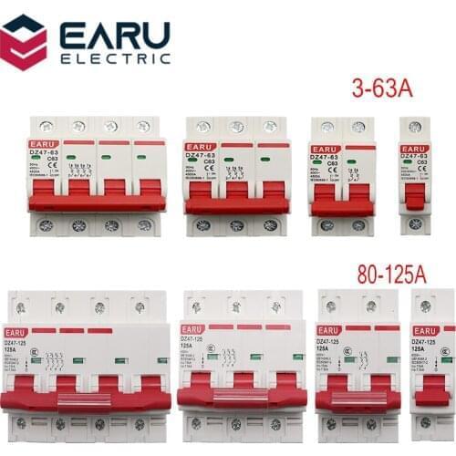 DZ47 400V 1-4P 3-125A C Type Mini Circuit Breaker MCB Short Overload Circuit Protector 35mm Din Rail Mount Breaking Capacity 6KA