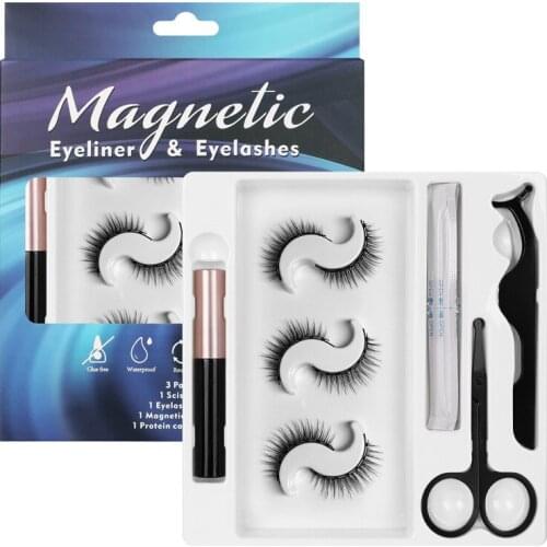 Reusable 3 Pairs Seven Magnet Strong Magnetic False Eyelashes With Liquid Eyeliner Tweezer Scissors Sets Natural Fake Eyelash