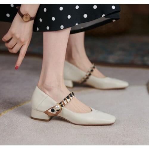 Fashion Womens Shoes Mary Jane Style Ladies Shoes Low Heel Shallow Mouth Square Head Womens Shoes Party Shoes