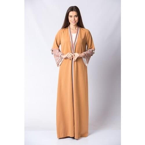 Handle Pattern Abaya Dubai Muslim Hijab Dress Kaftan Dress-Coffee