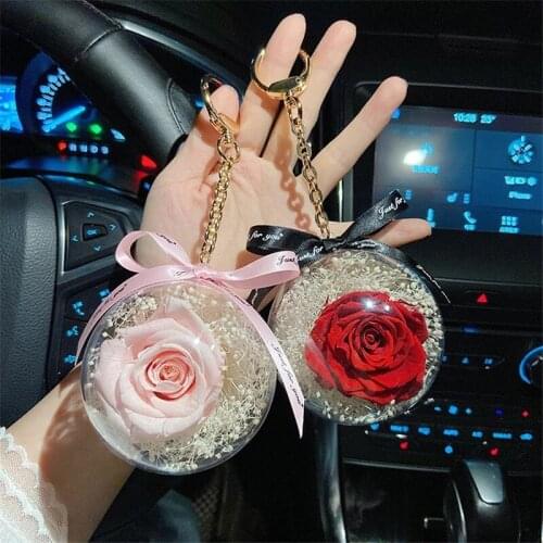 Natural Preserve Rose Flower Keychain 8cm Big Acrylic Round Ball Pedant Car Hanging Pearl Key Chain Ring Valentines Day Gift