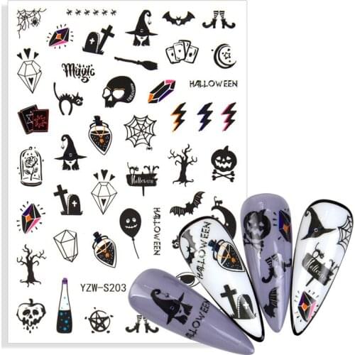 2021 New Cute Halloween Nail Art Stickers Spider Web Bat Witch Ghost Skull Design DIY Self-adhesive 3D Nails Decals Decoration