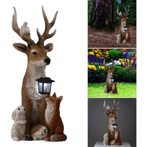 New Arrival Deer Statue With Solar Light Hand Painted Animals Resin Ornament For Home Garden Courtyard Decoration