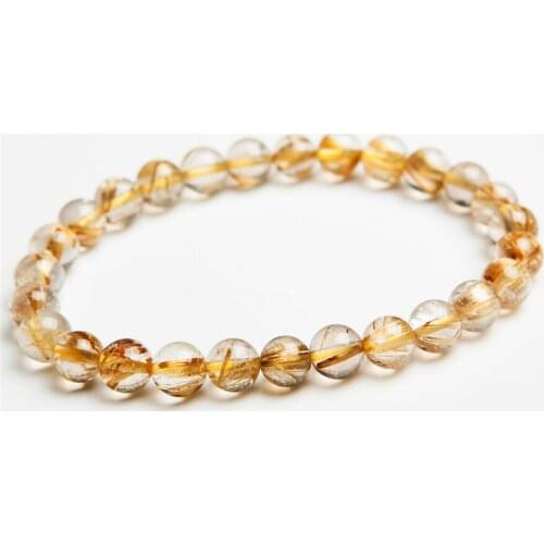 New Arrival Just One 7mm Genuine Brazilian Natural Titanium Rutilated Quartz Crystal Round Beads Stretch Bracelets For Women