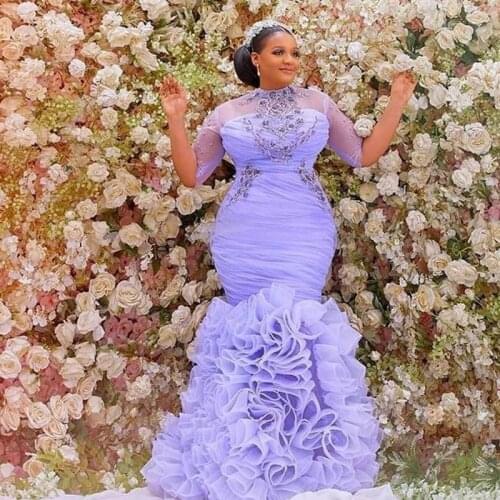 Lilac Prom Dresses Ruffle Mermaid abendkleider Formal Dress Half Sleeve Beads vestidos de gala Plus Size Elegant Evening Gowns