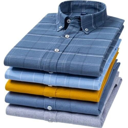 6XL 100% Pure Cotton Oxford Mens Striped Plaid Shirts Male Pocket Casual High Quality Long Sleeve Shirt For Men Button Up Shirt