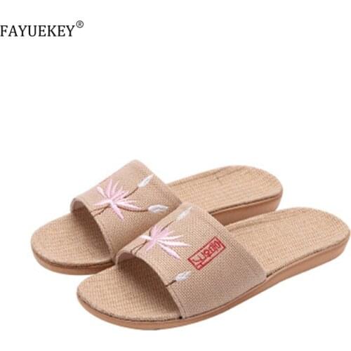 2020 unisex embroidered Japanese linen summer slippers for ladies Home Floor breathable non-slip hemp men Slide Flat Shoes