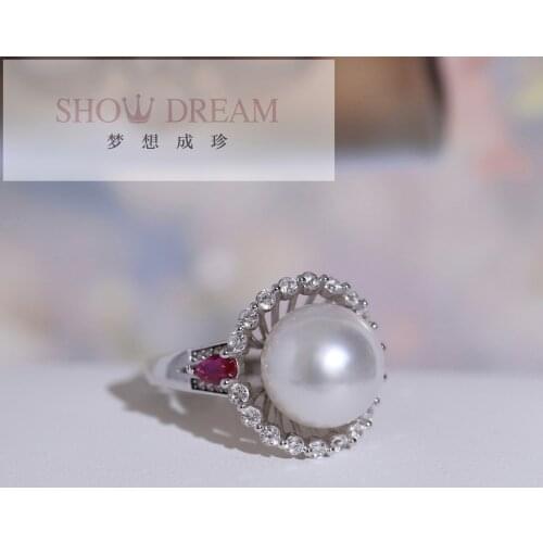 SHOWDREAM Trendy S925 Silver Zircon Rings Australian White Pearl atural Seawater Pearl Ring
