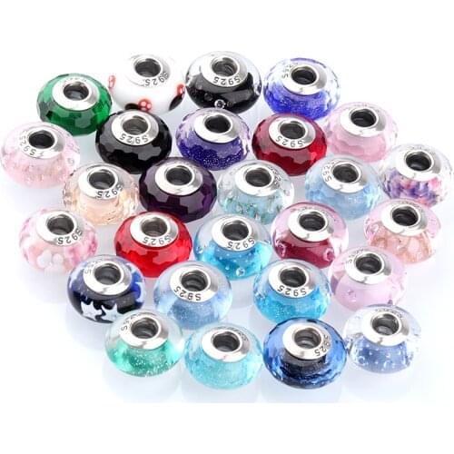 S925 sterling silver cut face glazed beads and inner flower glazed beads fit the original charm bracelet accessories hole: 4mm