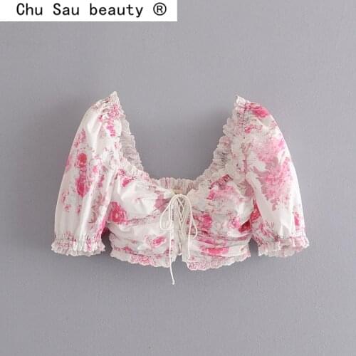 Chu Sau beauty New Vintage Fashion 3 Colour Crop Tops Women Sexy Chic Summer Deep V-neck Lace Elastic Back Short Blouses Female