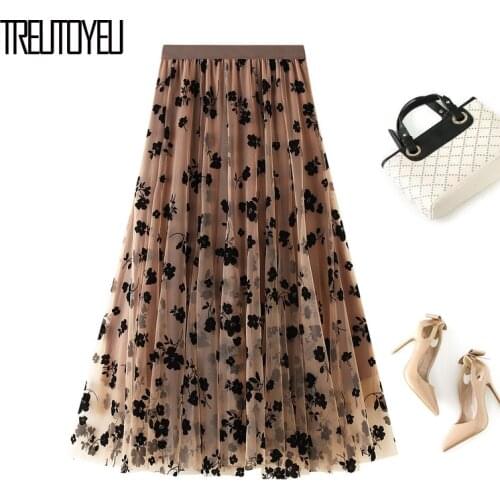 Treutoyeu Black Floral Flocked Tulle Long Skirt Female Spring Summer Elastic High Waist A Line Fairys Mesh Skirts Womens 2020