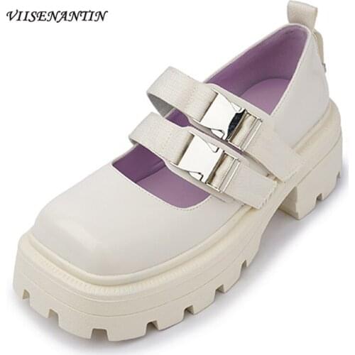 Square Toe Thick-soled Mary Jane Shoes 2021 New College Style Word with Metal Belt Buckle Platform Shoes Retro Single Shoes
