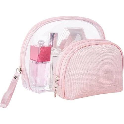 2-piece Waterproof Cosmetic Pouch Portable Semicircular PVC Transparent Zipper Toiletry Bag Outdoor Travel Girl Beauty Organizer