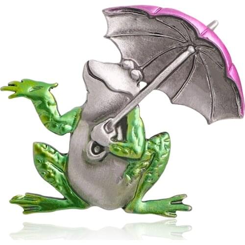 Wuli&baby Lovely Holding Umbrella Frog Brooches For Women Unisex Enamel Happy Frog Animal Party Casual Brooch Pin Gifts
