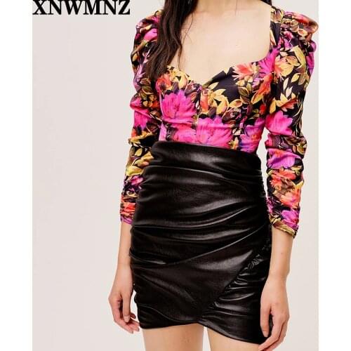XNWMNZ Za women tropical floral print crop blouse Girls romantic sweetheart neck Draped Puff Sleeves Open Back with Lace Up top