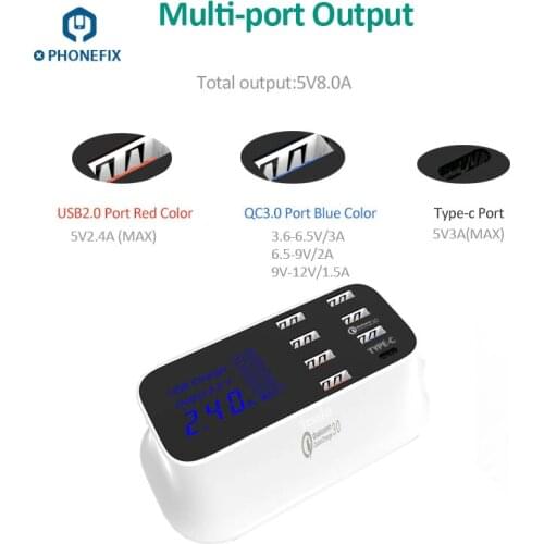 PHONEFIX 8 Port USB Charger Fast Charging Multi Port USB Quick Charger HUB with 3.0 Type-C Port LED Desktop USB Charging Station