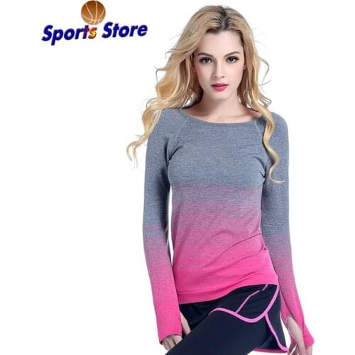 Women Professional Yoga Sport Gradient Color T Shirt Long Sleeves Hygroscopic QuickDry Fitness Elastic T-shirt Women Top Shirts