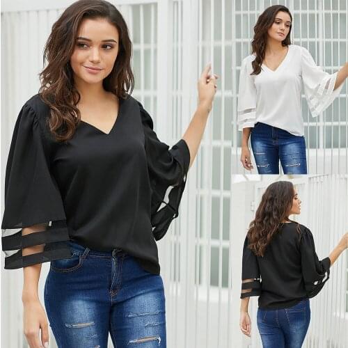 Patchwork Loose T Shirt Graze Mesh Women Summer 3/4 Bell Sleeve V Neck Casual Chiffon Blouse Tops