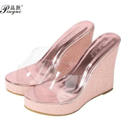 2021 summer new slope heel Sequin waterproof platform fish mouth sandals womens shoes transparent crystal glass sandals