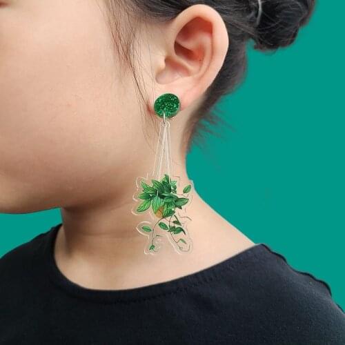 Fashion Fresh Long Acrylic UV Printing Garden Plant Leaf Green Potted Hanging Basket Drop Earrings For Women E121595
