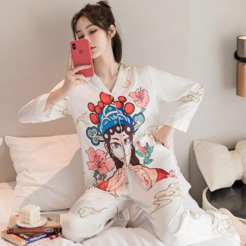 2021 Spring And Summe Ice Silk Printed Leisure Long Sleeve Trousers Chinese Style Womens Pajamas Sets Home Wear Nightwear