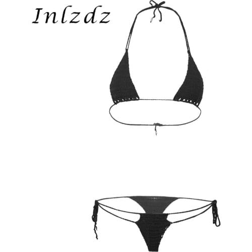 Womens Sexy Lingerie Set Crochet Bathing Suit Lace-up Bikini Sets Micro Swimsuit Sunbathing Swimwear Beachwear Bra with G-String