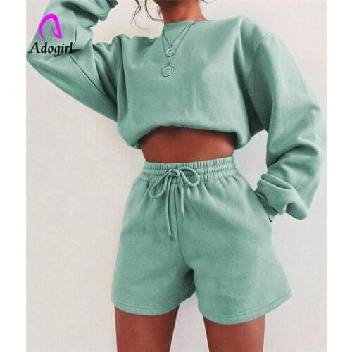 Warm Fleece Fitness Women 2 Piece Set Solid Long Sleeve Hoodies + Drawstring Biker Shorts Matching Set Workout Baggy Tracksuits