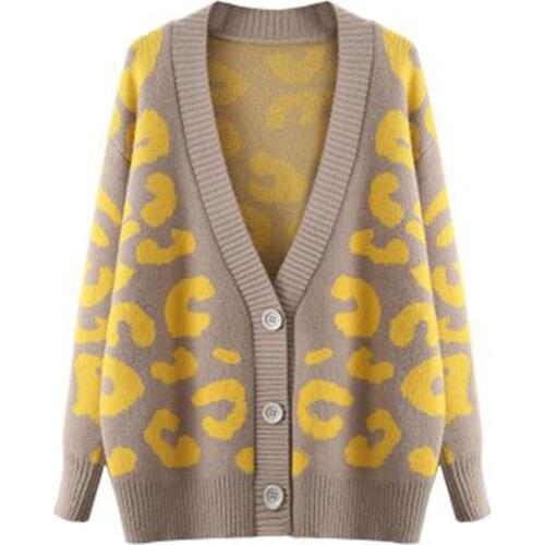 Women Leopard Print V Neck Knit Sweater Cardigan 2021 Spring Korean Loose Female Knitshirt Jacket Autumn Casual Short Coat