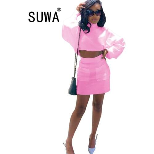 Streetwear Two Piece Set Women Suits Summer Club Neon Pink Outfits 2 Piece Skirt Set Tracksuit Female Ladies Matching Sets