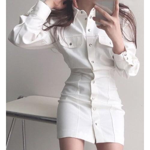 Korean retro temperament lapel single-breasted slim fit long-sleeved tooling style bag hip dress women