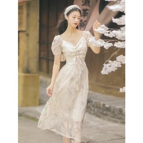 Summer New Ins Net Red Same Paragraph Womens Retro Travel Holiday Puff Sleeve Dress Bohemian Lace Embroidered Long Dress