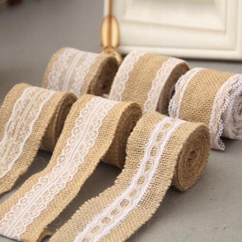 2Inch(5cm) Natural Burlap&Lace Ribbon Roll Fabric for Wedding Party Home DIY Decoration 2 Meters One Roll