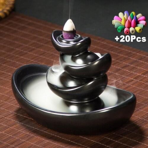 Free Gift 20Pcs Incense Cones Lucky Fortune Mascot Classic Black Ceramic Backflow Incense Burner Yoga Assuaging and Calming