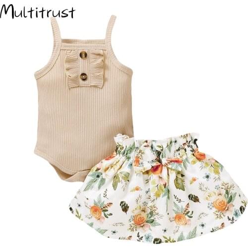 2020 Boho 0-18M Newborn Baby Girl Clothes 3pcs Ruffle Solid Sleeveless Romper Tops Floral A-line Skirts Set Sunflower Outfit Set
