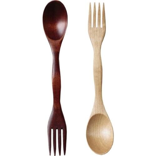 5Pcs 2in1 Wooden Spoons Multi-Used Spoon with Fork Kitchen Dessert Soup Spoon Tableware Wood Spoon cucharas Kitchen Spoons