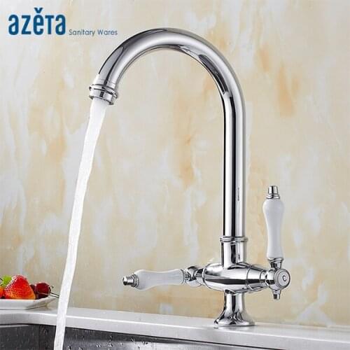 Azeta Free Shipping Kitchen Faucets Deck Mounted Kitchen Mixer Tap Dual Handle Kitchen Tap Chrome Brass Kitchen Faucet AT9608
