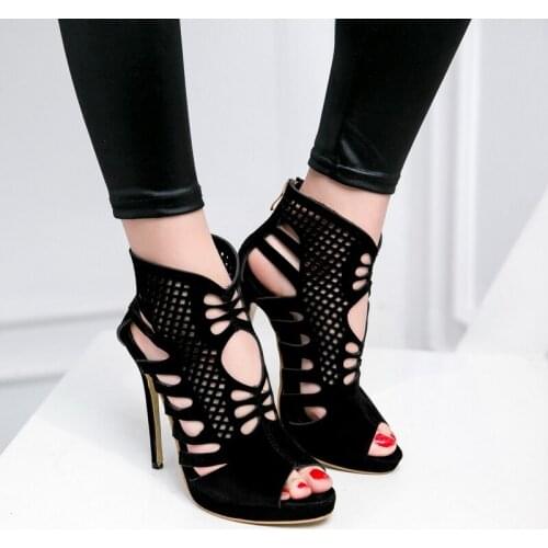 Sexy Hollowed Back Zipper Nightclub Wedding Fashion Summer Sandals 2021 Suede Frosted Super High Heel Large Size Womens Shoes