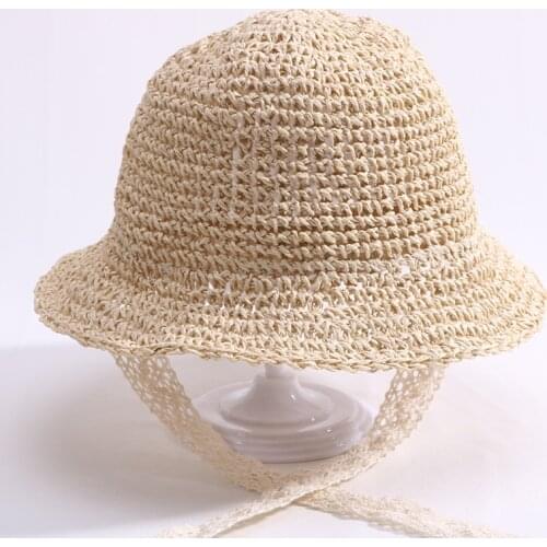 Children Lace Strap Crochet Straw Hats Baby Boy Girl Handmade Summer Foldable Sun Cap Outdoor Holiday Beach Sun Protection Hat