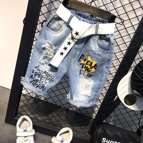 Children Denim Short Pants Boys Clothes Summer New Kids Broken Hole Pants Jeans with Belt Baby Boys Cartoon Denim Jeans Shorts