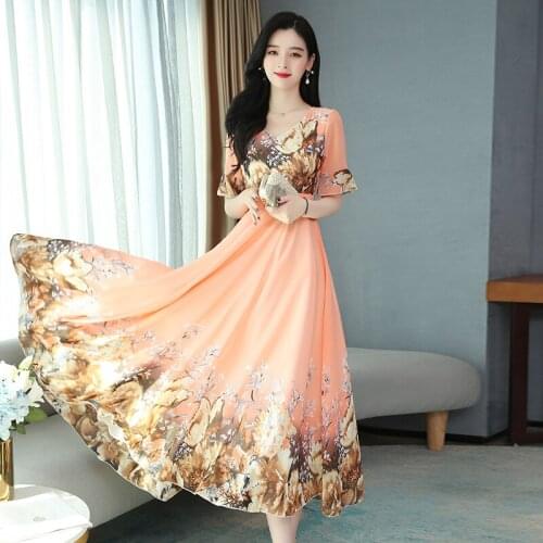 Elegant Women Dress Summer V-neck Half Sleeve Long A-line Chiffon Floral Print Vestidos Sukienki Party Dress 3269