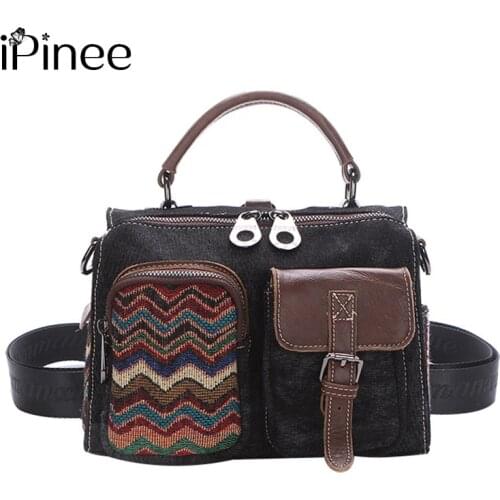 IPinee Women Canvas Multifunction Vintage Messenger Shoulder Bag National Pattern Denim Bags For Women 2021New Ladies Hand Bags